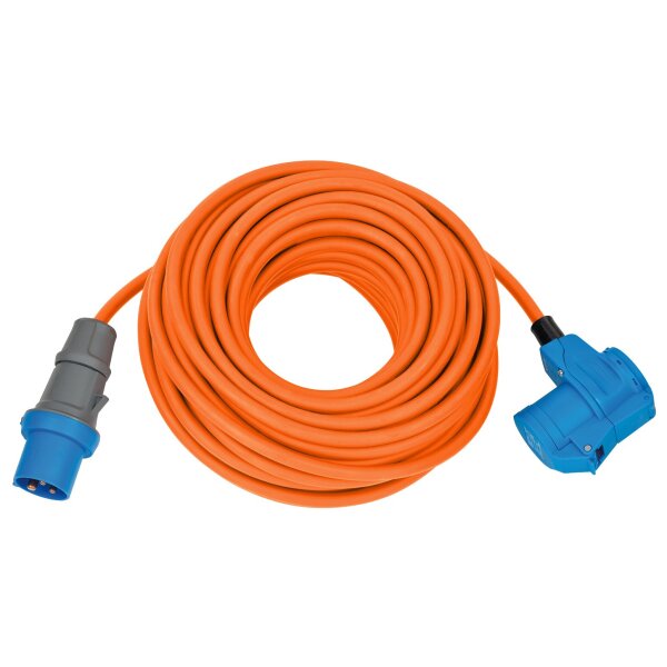 Verlängerungskabel Camping CEE-CEE/Schuko, 25 m orange Winkelkupplung + LED Spannungsanzeige